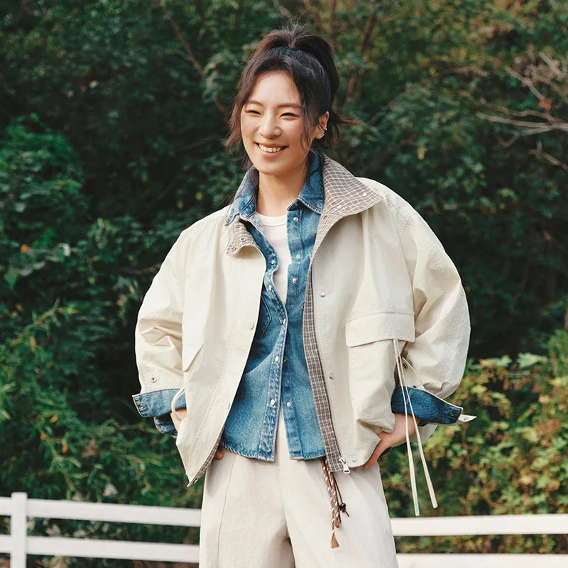 Semir Retro Jacket Women 2026 Spring Plaid Spliced Oversize Bud Shape Casual Relaxed Fit Stylish Loose Outerwear