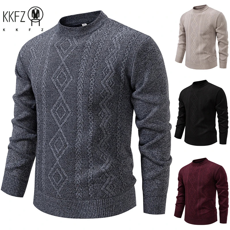 Wind Resistant Men Knitted Sweater Stretch Rib Hem Vertical Twist Jacquard Fleece Lined Office Daily Long Sleeve Top