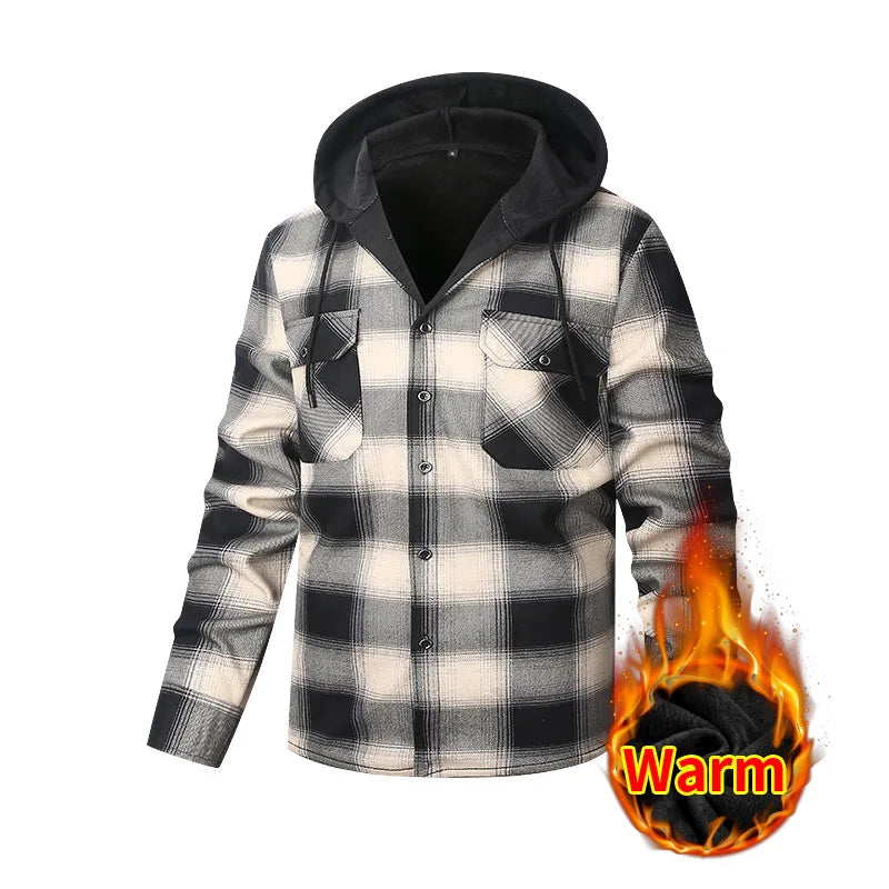 New Winter Men's Long-Sleeve Hooded Fleece Shirt—a Stylish, Casual, and Warm Plaid Shirts.