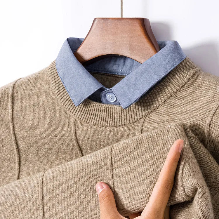 Men's Business Casual Polo Shirt with Faux Shirt Collar and Pineapple Jacquard Knit  Gold Medal Quality Pullover