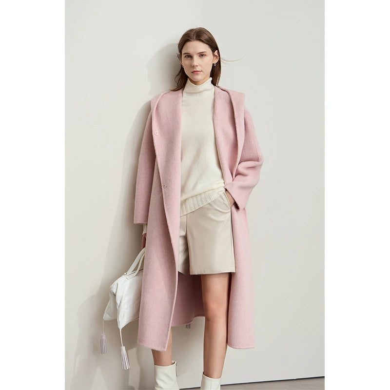 AMII Minimalist Women's Camel Wool Coat Female 2026 Warm Winter Coat Female Hooded Loose Elegant Long Jacket With Belt 12444125