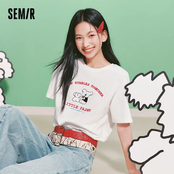 អាវយឺតស្ត្រី Semir កប្បាសកំប្លែងប៉ាក់ ម៉ូដធម្មតា ងាយស្រួលប្រើ កំពូលមូលដ្ឋាន រដូវក្តៅ 2026 សាមញ្ញ ពាក់ប្រចាំថ្ងៃ មានផាសុកភាព