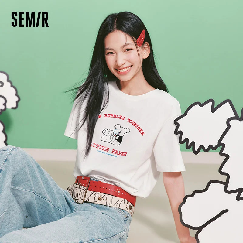 Semir Women Tshirt Cotton Funny Embroidered Casual Fashion Versatile Basic Top 2026 Summer Simple Daily Comfort Wear