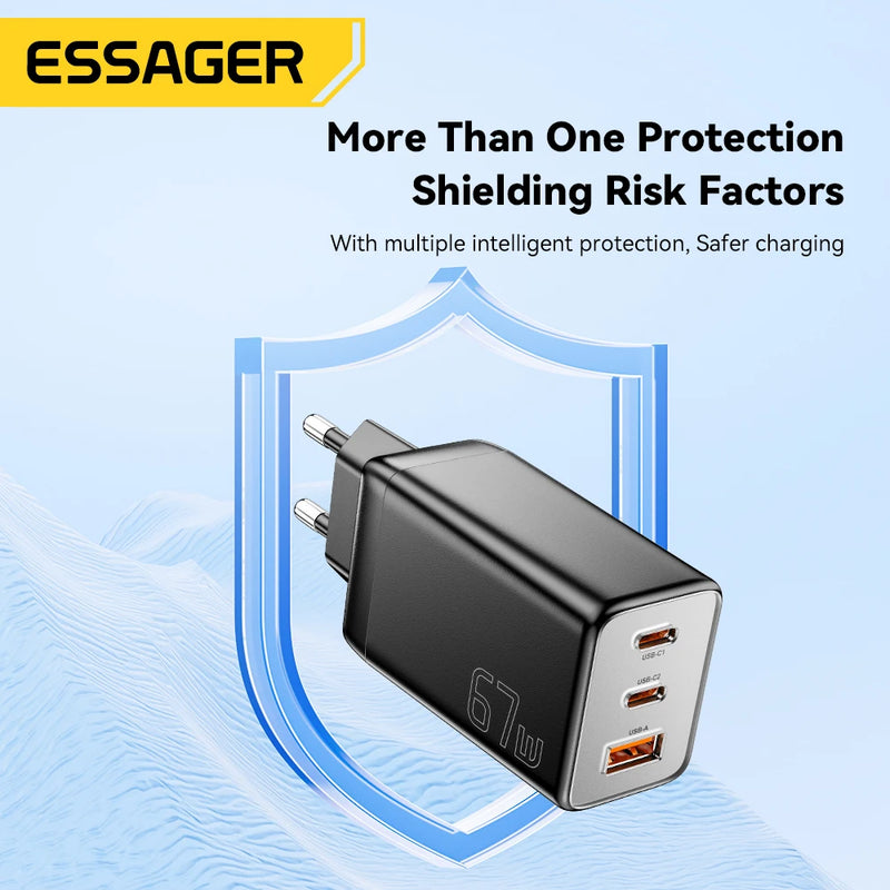 ឆ្នាំងសាក Essager GaN 67W USB C ឆ្នាំងសាកលឿន 4.0 3.0 PD 3.0 ប្រភេទ C PD ឆ្នាំងសាក USB សម្រាប់ iPhone 17 16 15 Pro MacBook Huawei កុំព្យូទ័រយួរដៃ