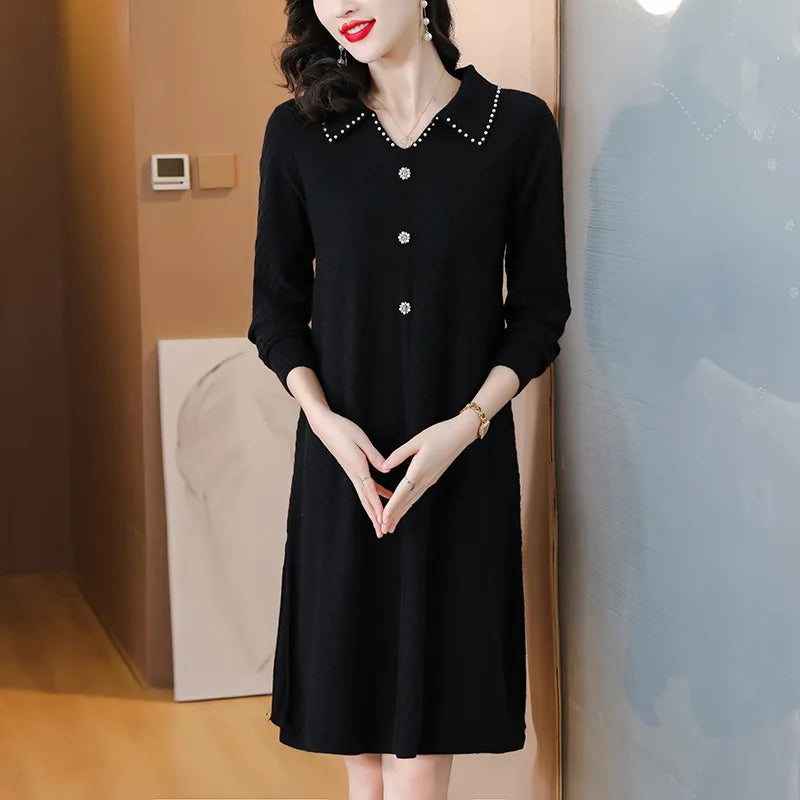 Elegant Lapel Long Sleeve Tops Knitting Woman Clothes Woolen Spring Autumn Knitwear Women's Sweater Pullover Dress Female