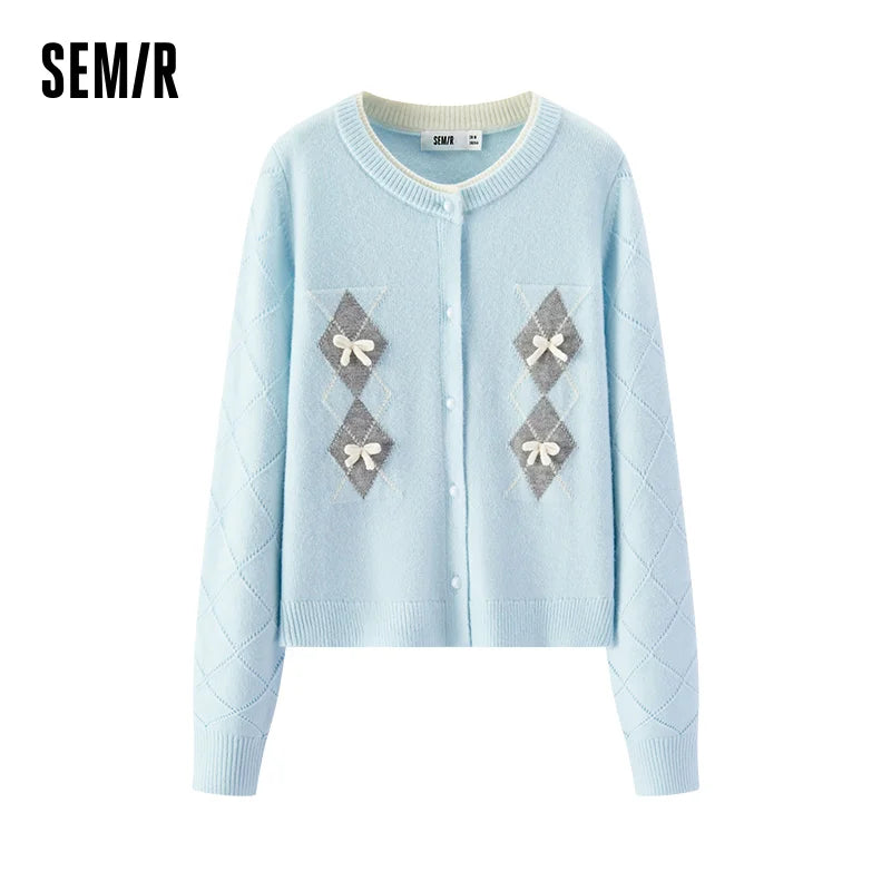 Semir Knitted Cardigan Women Winter Short Length Bow Argyle Fake Two-Piece 2025 New Sweater Girly Wool Sweater Women'S Wear