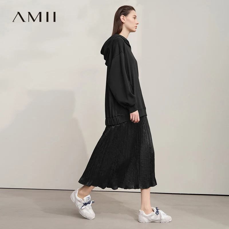 Amii Womens Dresses 2026 Autumn New Casual Patchwork Dresses for Woman A-Line Loose Hooded Long Sleeve Ladies Clothing 12553054