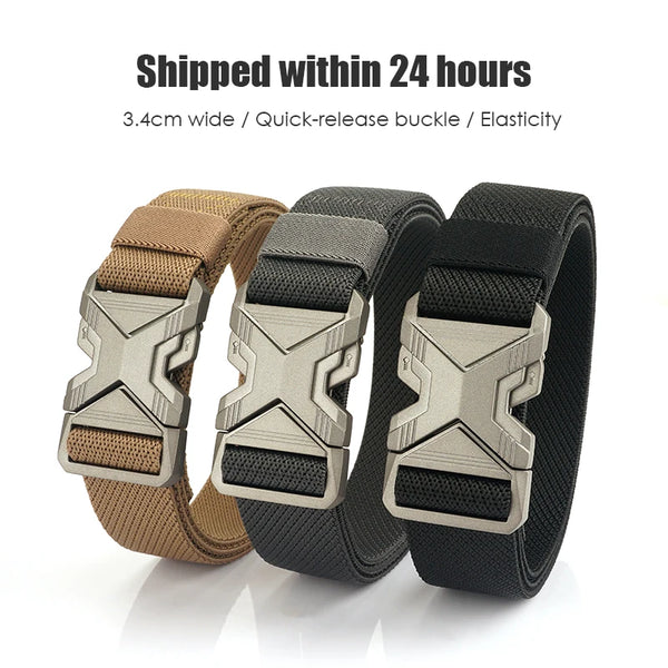 VATLTY 3.4cm Elastic Belt for Men Quick Release Metal Buckle Tactical Outdoor Casual Belt Tight Woven Thin Belt Waistband Male