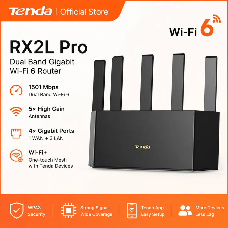 រ៉ោតទ័រ Tenda RX2L Pro AX1500 WiFi 6 រ៉ោតទ័រ Dual Band 1501Mbps អង់តែន 5 កម្រិតខ្ពស់ រចនាបញ្ឈរ ច្រក Gigabit OFDMA MU-MIMO