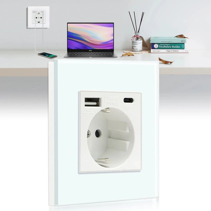 BSEED EU Standard Sockets Single Wall Socket Double Frame Socket with USB Outlets Glass Panel Triple Type-C Sockets For Home