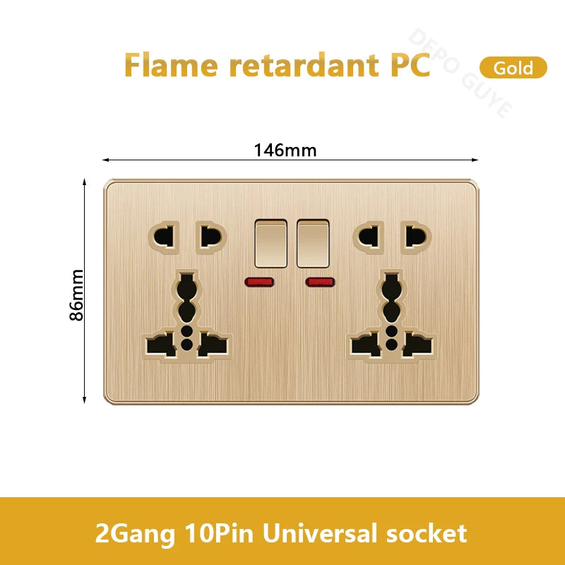 Gold Universal 3/5Pin Plastic Power Socket,UK Wall Outlet With 2.1A Dual USB Port,220V Electrical 2way Switch TV Computer CAT6