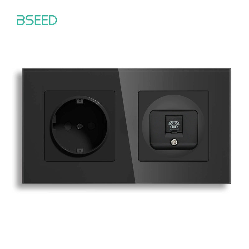 BSEED EU Standrad Wall Power Socket RJ45 Internet Socket Telephone Port Cat6 Socket Glass Panel TV Satellite Electrical Outlets
