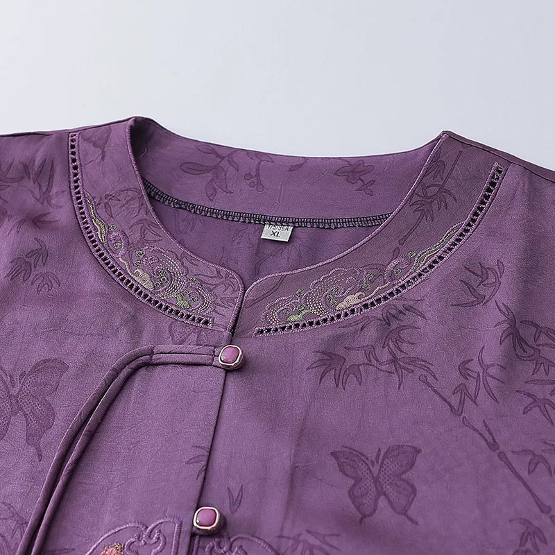 Chinese-style Women's V-neck Short-sleeve Shirts, Summer Single-breasted Embroidered Shirt, Available in Red, Purple, and Green.