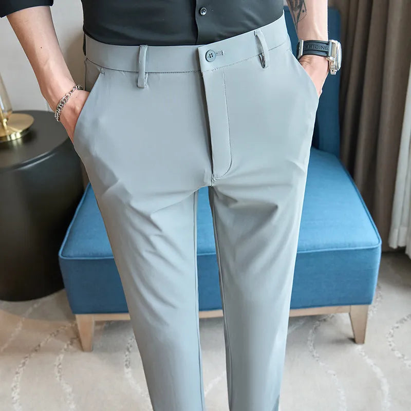 New Summer Men's Khaki Dress Pants and Black Business-casual Stretch Trousers, Available in Asian Sizes in Blue Gray Slacks.