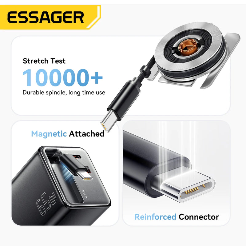 ឆ្នាំងសាក Essager 65W GaN ជាមួយខ្សែរ PD សាកថ្មលឿនសម្រាប់កុំព្យូទ័រយួរដៃ Macbook iPhone 17 16 15 Xiaomi Type-C ឆ្នាំងសាកទូរស័ព្ទ