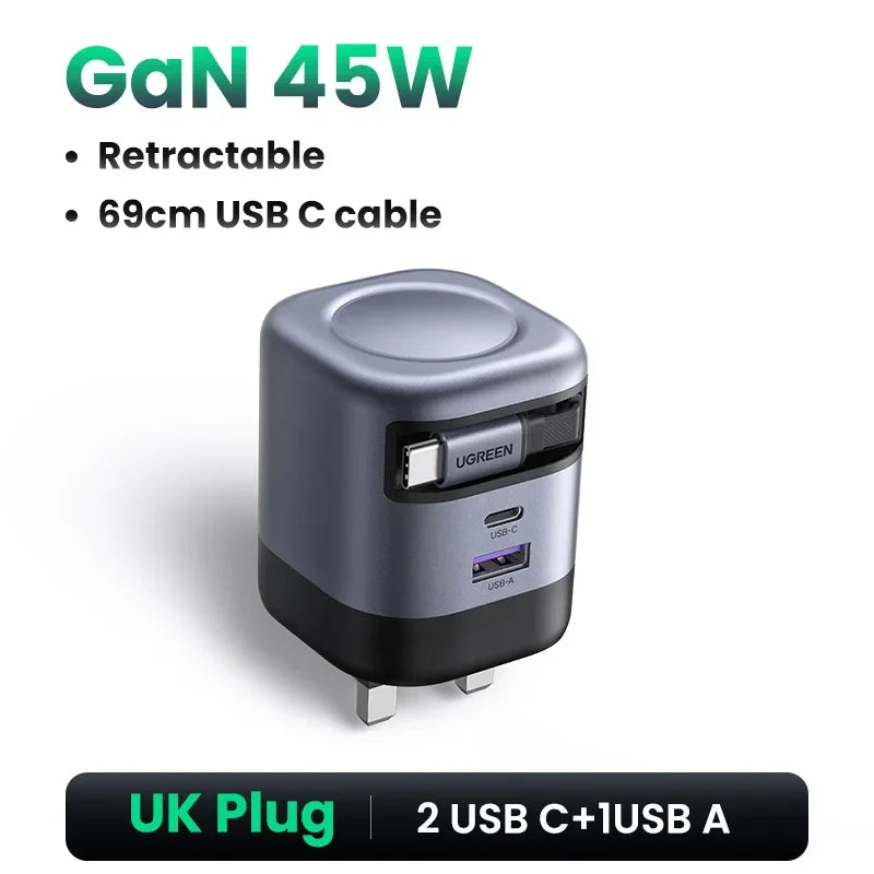 UGREEN 65W GaN Charger With Retractable USB C Cable For iPhone 18 17 Pro Samsung Xiaomi Laptop Macbook Tablet PD Fast Charger