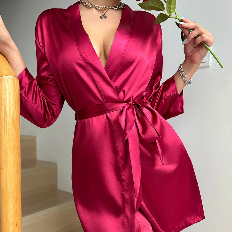 Home Dress Can Wear Ice Silk Robe Pajamas Women Summer European and American Ladies Lace-up Bathrobe Sexy Morning Gown