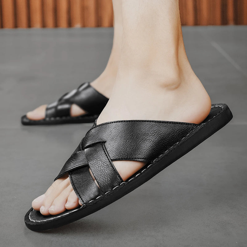 Summer Mens Flat Leather Slippers Slides Slip-on Sandals Thin Soles Retro Style Anti-skid Breathable Comfortable Big Size 48 49