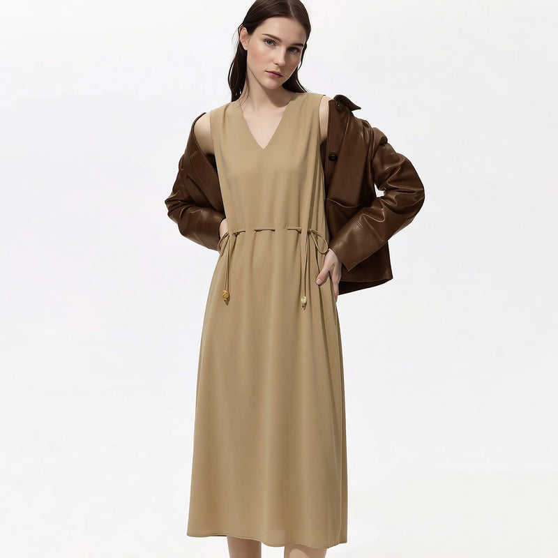 Amii V Neck Women's Dress 2026 Summer New Sleeveless Loose Drawstring Simple Office Casual A-Line Midi Dress For Women 12642155