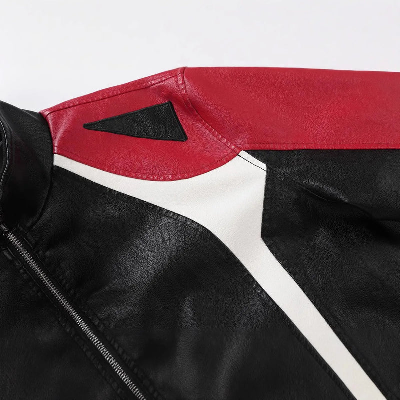 New Fall Men's Faux Leather Jacket with Red, Black, and White Color-blocked Accents—a Stylish and Casual PU Coat.