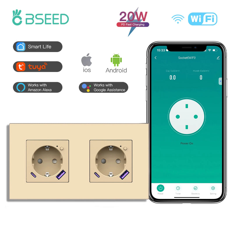 BSEED WIFI Smart Socket With 20W Fast Charge Port Plastic Frame Smart Wall Socket USB Type-C Port Tuya Smart Life Control