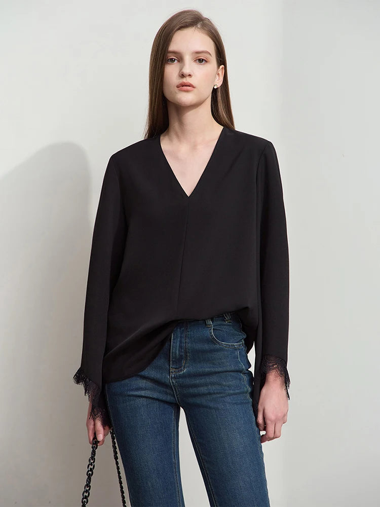 Amii Shirts for Women 2026 Fashion Long Sleeve V-neck Casual Loose Cuffs Lace Chiffon Blouses Ladies Elegant Shirts 12521015