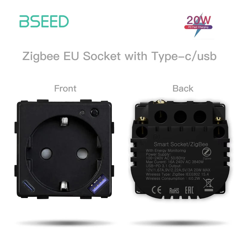 BSEED Zigbee Smart Socket Part Power Monitor Outlet With USB Type-C DIY Parts 20W Fast Charge Tuya Smart Life Alexa App Control