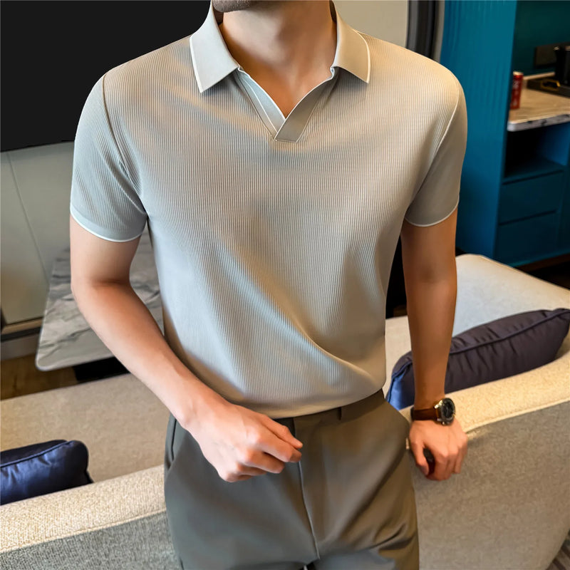 Men Summer Short Sleeve Polo Shirt Solid Color Casual Open Hem Collar Top Breathable Cool Feeling Tee