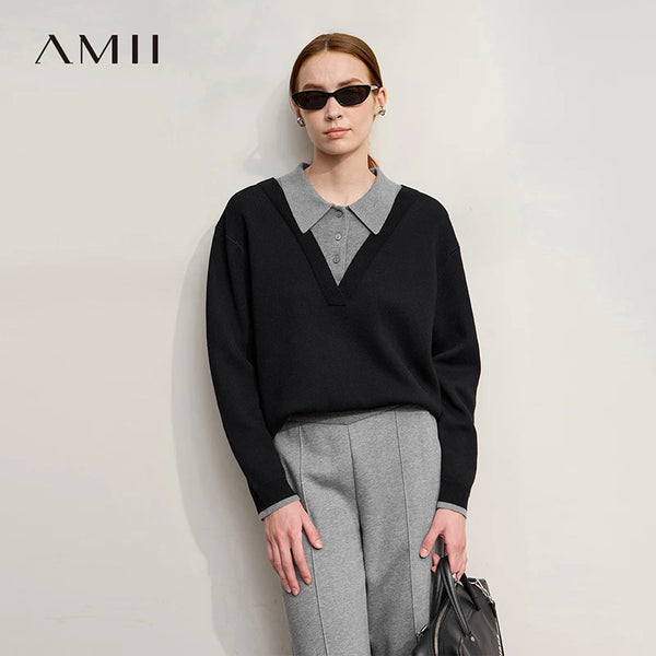 AMII Casual Women's Sweater 2026 Winter New Loose Elastic Knitting Top Female Wool Versatile V-neck Sweater For Woman 12544086