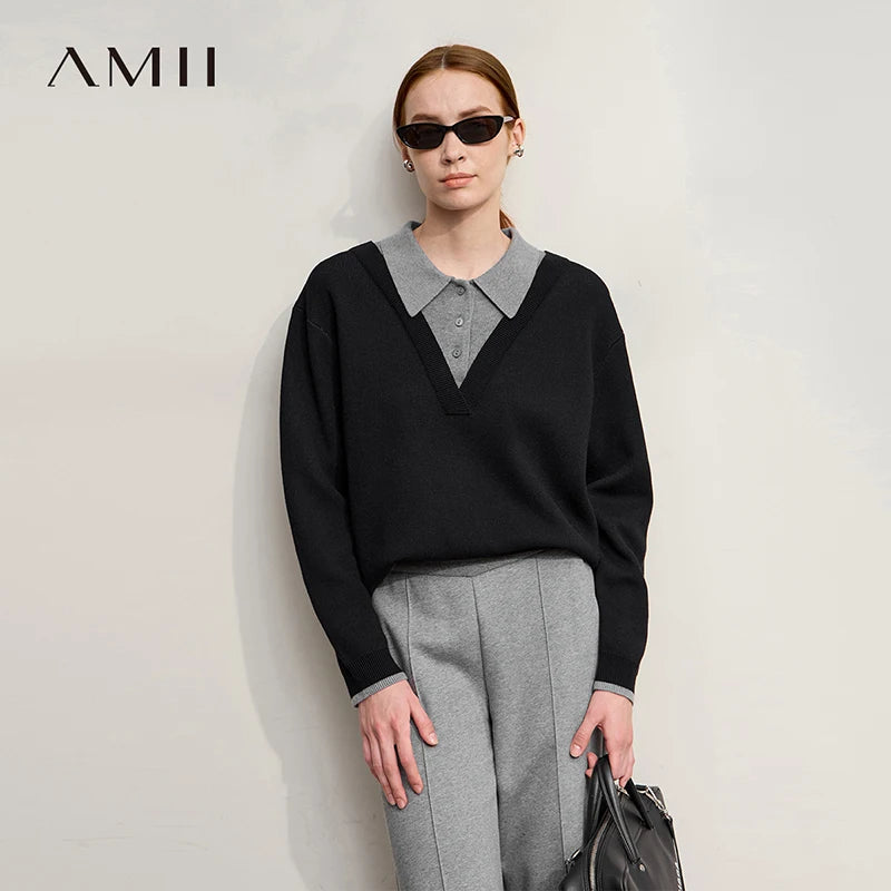 AMII Casual Women's Sweater 2026 Winter New Loose Elastic Knitting Top Female Wool Versatile V-neck Sweater For Woman 12544086