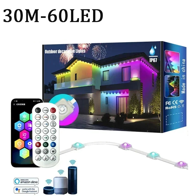 ភ្លើងខ្សែរ WIFI ឆ្លាតវៃ RGBIC ប៊្លូធូស ការគ្រប់គ្រងឧបករណ៍បំពងសម្លេង Google ភ្លើងតុបតែងខាងក្រៅ ភ្លើងការពារទឹក ធ្វើសមកាលកម្មតន្ត្រី ថ្ងៃឈប់សម្រាក