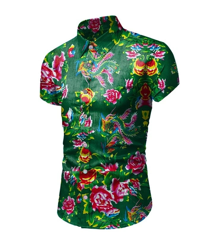2026 Chinese Style Bright Men's Red Print Long Sleeve Shirt, Single Breasted Lapel Shirts, Green Black Fashion Casual Camisa