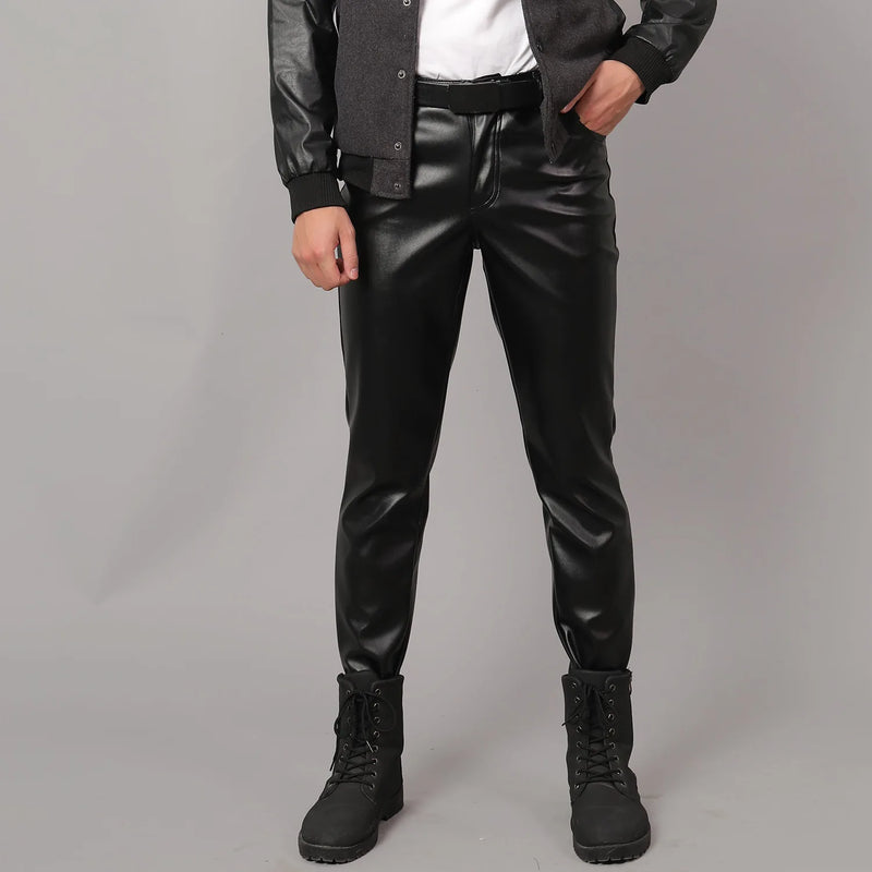 New Fall Collection: Men's Purple PU Pants—Fitted Faux Leather Motorcycle Trousers Available in Black,Blue,Green,Red,Gray,Khaki.