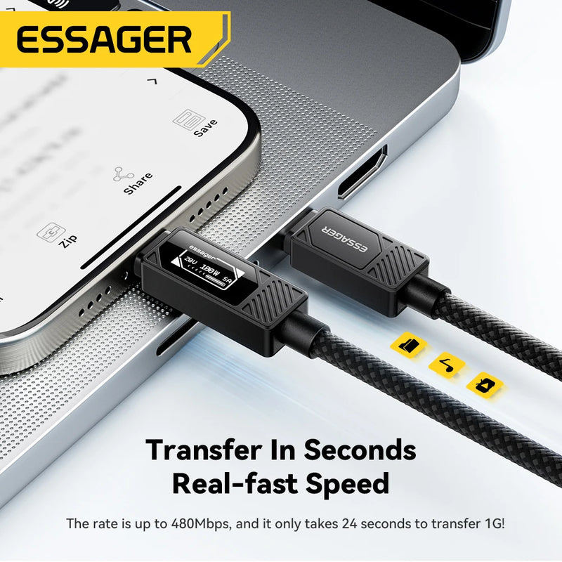 ខ្សែសាក ESSAGER 100W ប្រភេទ C ដល់ C ជាមួយអេក្រង់ឌីជីថល PD ខ្សែសាកលឿនសម្រាប់ MacBook Pro/Air iPhone 16/15/14 iPad ខ្សែ USB C