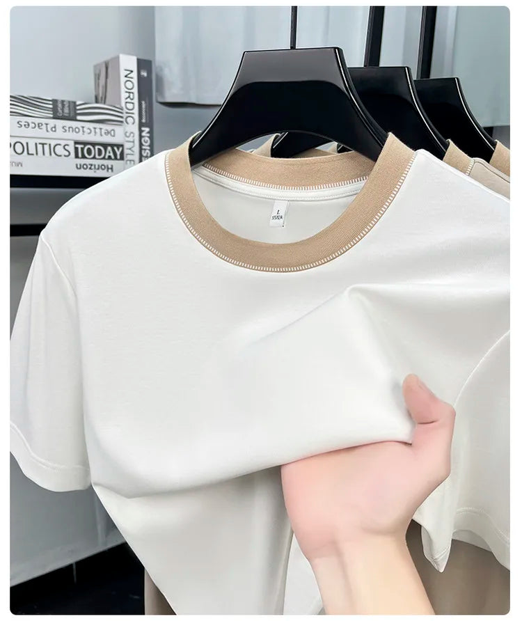 Men's 2026 Spring Summer Contrast Collar T-Shirt, Soft Cotton Blend, Round Neck Short Sleeve, Smart Casual Daily Wear