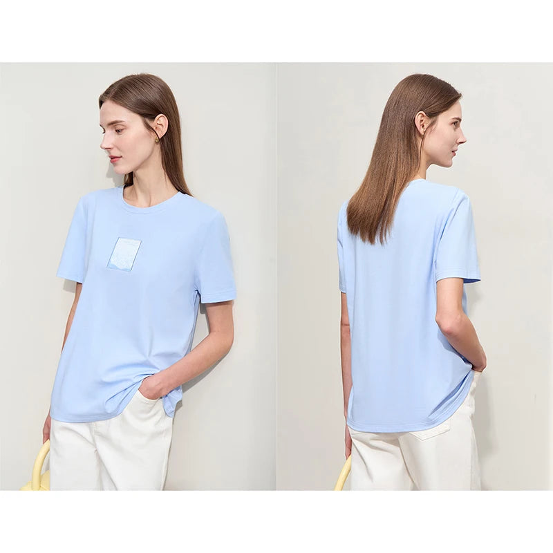 អាវយឺត Amii Minimalism 2025 សម្រាប់ស្ត្រីរដូវស្លឹកឈើជ្រុះថ្មី O-Neck កប្បាសប៉ាក់មូលដ្ឋានដៃខ្លីម៉ូដទាន់សម័យសម្រាប់ស្ត្រី 12422080