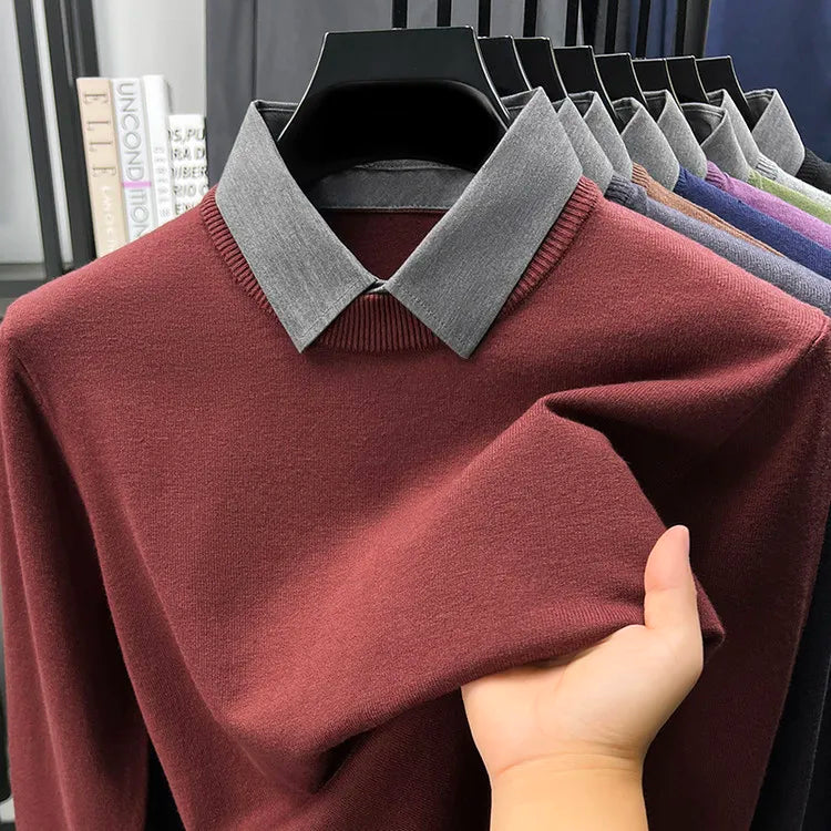 Men's Grey Faux Two-Layer Knit Sweater, Button-Down Shirt Collar with Soft Wool Blend Fabric, Smart Business Autumn Casual Wear