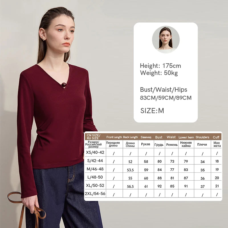 AMII Women's T-shirt 2026 Autumn New Modern V-neck Middle-aged Women's Clothing Cotton Knitted Long Sleeves Ladies Tops 12523145