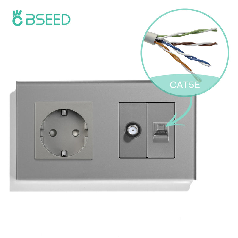 BSEED Double EU Standard Wall Plug 16A 100-250V With CAT5 Computer Network Power Sockt Satellite Antenna Outlet 157*86mm