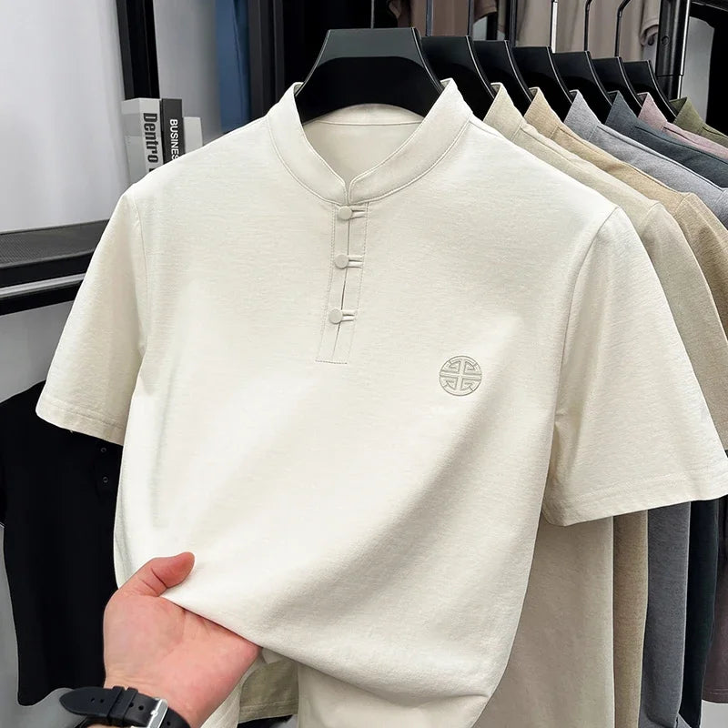 Men Summer Chinese Style Short Sleeve T Shirt Mandarin Collar Frog Button Embroidered Casual Breathable Tee