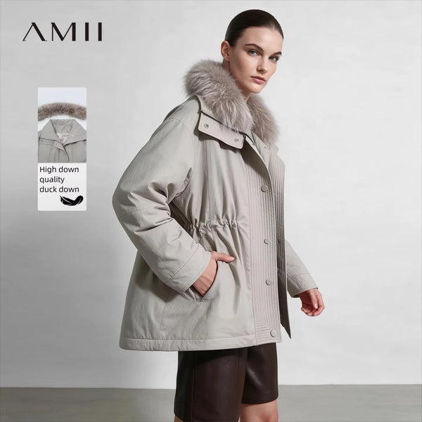 Amii Women's Winter Jacket 2026 New Warm Detachable Fur Collar Parka Down Jacket Drawstring Waist Casual Zipper Top 12654037