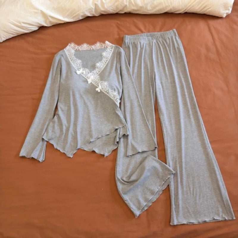 Spring Autumn Long-sleeved Trousers Sleepwear Women Thin Chest Pad Pajamas Homewear Elegant Two-Piece Set Women’s Loungewear