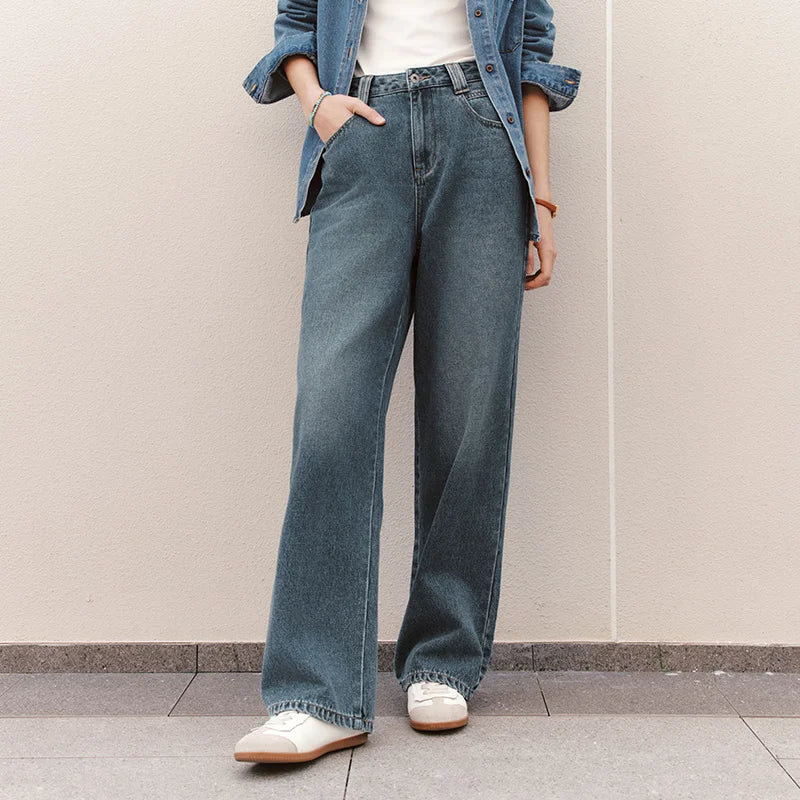 Semir Soft Jeans Women Fleece Lined Floor Length Pants Leg Slimming Wide Leg Retro Style 2026 Winter Fashion Trousers