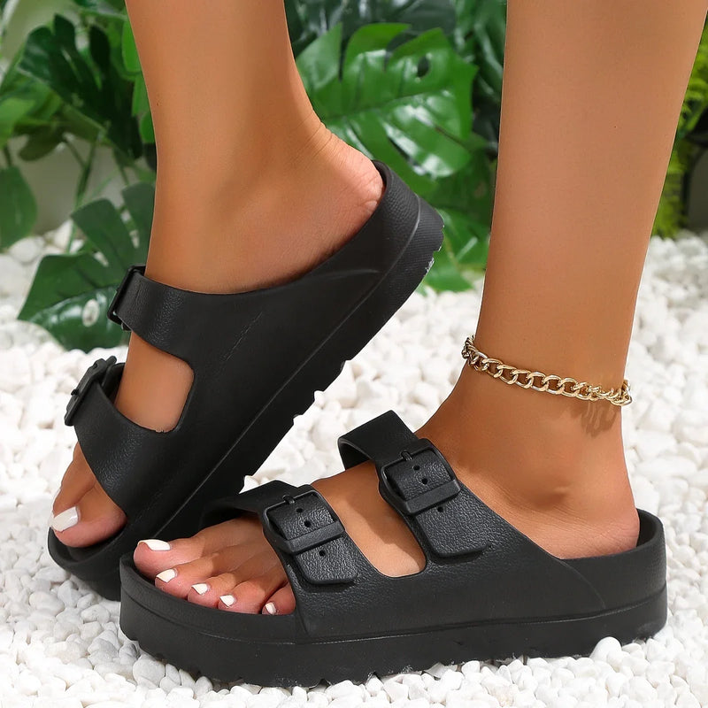 4cm High Ladies Slippers with Two Straps Double Buckles Platform Sandals Women Slides Cushion Lightweight 12 Colors Options
