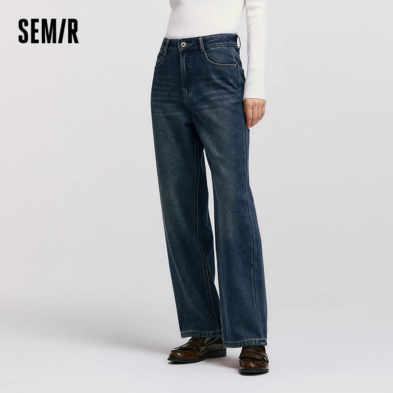 Semir Wide Leg Jeans Loose Fit Fleece Lined Women 2025 Winter Retro Style Casual Fashion Long Denim Comfortable Pants