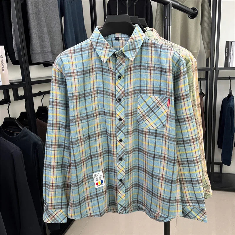 Street Fashion Plaid Shirt Loose Fit Chest Pocket Woven Label Autumn Casual Button Down Layered Overshirt