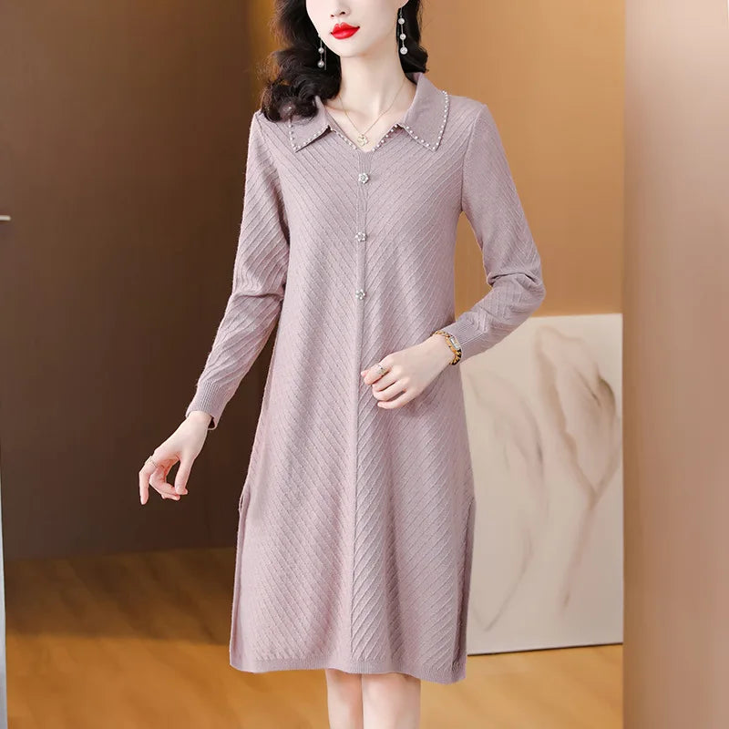 Elegant Lapel Long Sleeve Tops Knitting Woman Clothes Woolen Spring Autumn Knitwear Women's Sweater Pullover Dress Female