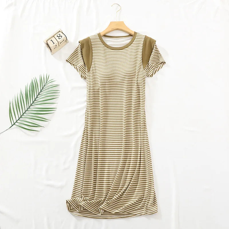Womens Dresses Sleepwear For Sleeping Nightdress Short Sleeve Modal Striped Nightgowns Chest Pad Slim Ladies Nightshirt