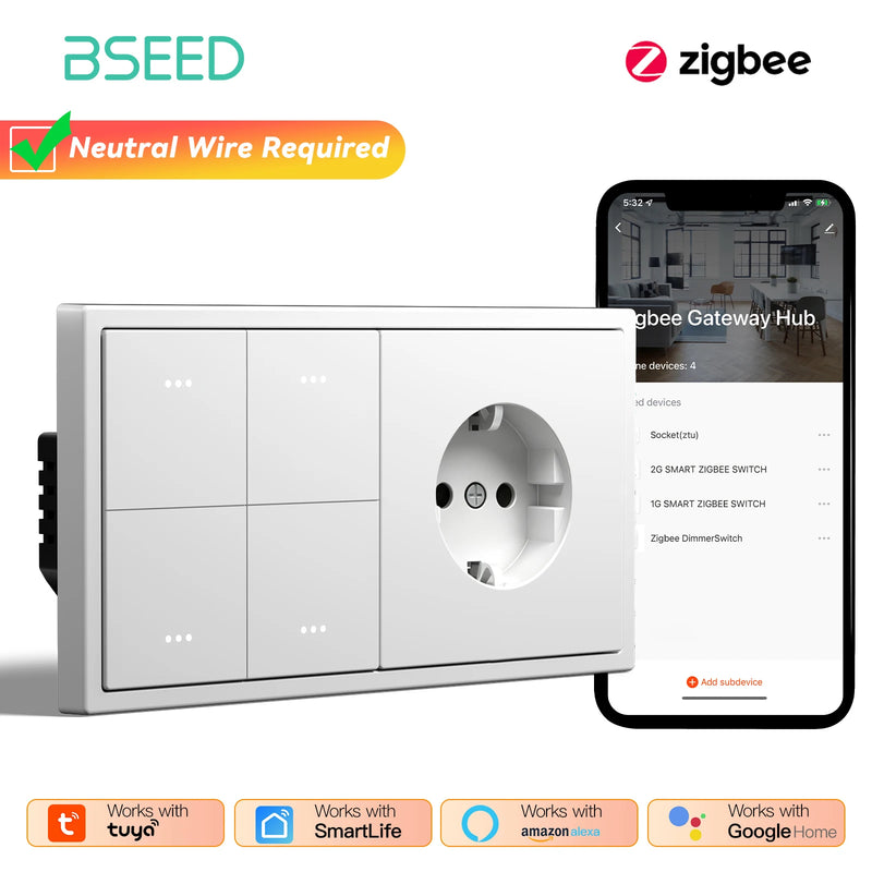 BSEED Zigbee Click Switch 1/2/3/4Gang Smart Button Light Switch With EU Power Socket Plastic Frame Tuya Smart Life Alexa Control