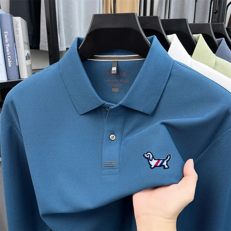 100% Cotton Men Long-Sleeve Polo Shirt Lapel Button Dog Embroidery Breathable Comfortable Autumn Winter Business Casual Menswear